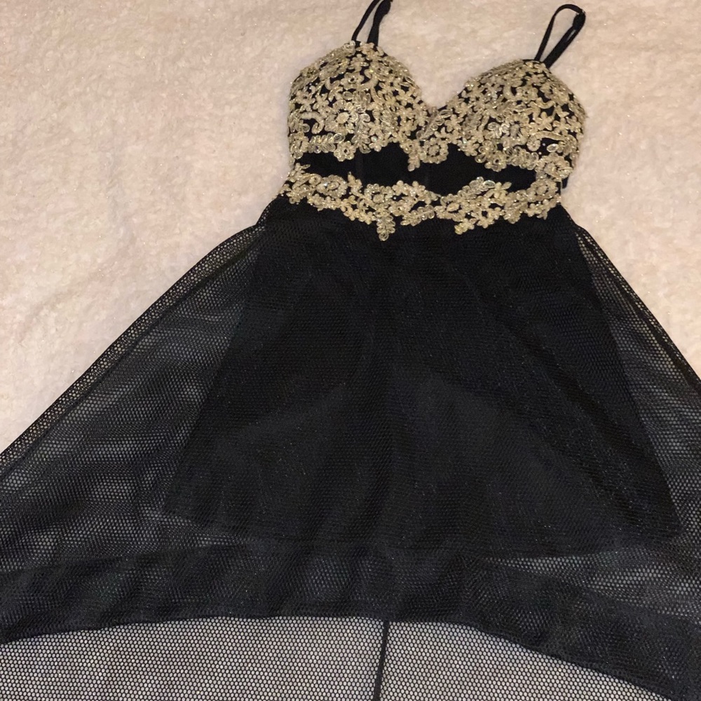 Sexy High - Low Black Mesh Dress with Gold Lace.